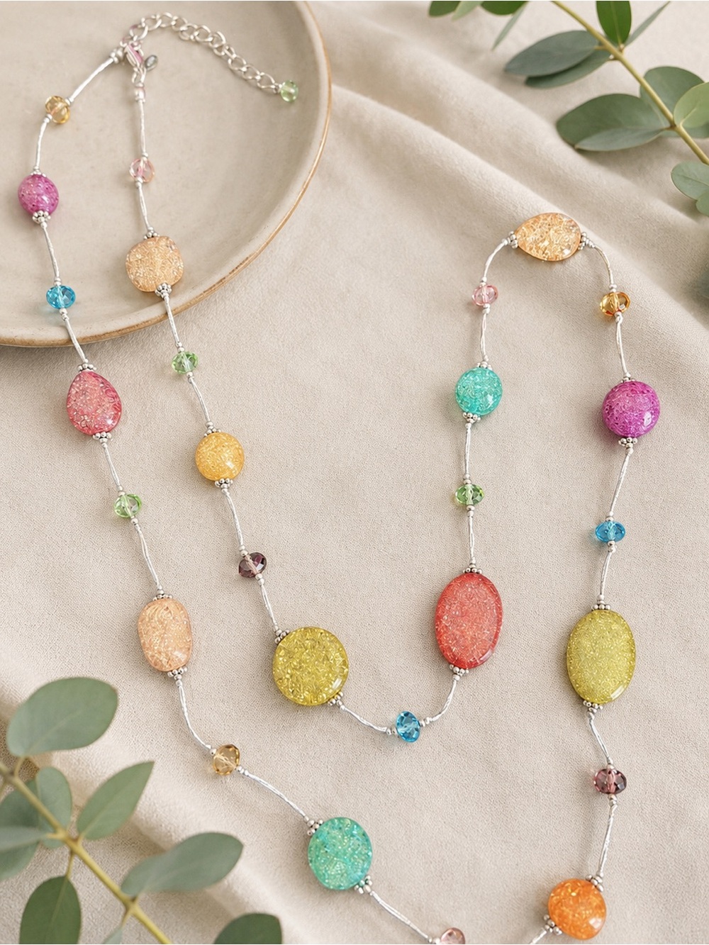 💚💗Premier Designs Multicolor Confetti Bead Necklace Rainbow Glass Necklace 36”💗💚